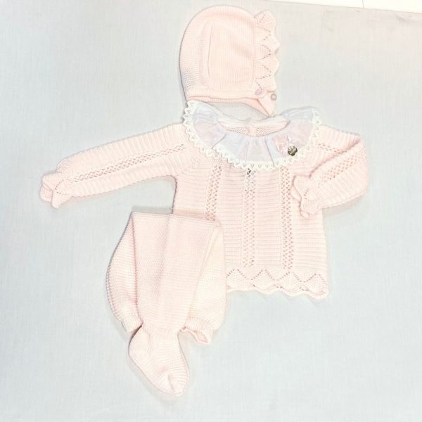 Conjunto tres piezas manga larga y polaina calado con cuello plumeti Rosa