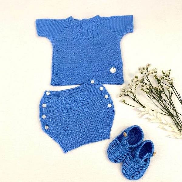 Conjunto dos piezas de punto jersey manga corta . 100% algodón. Azul.