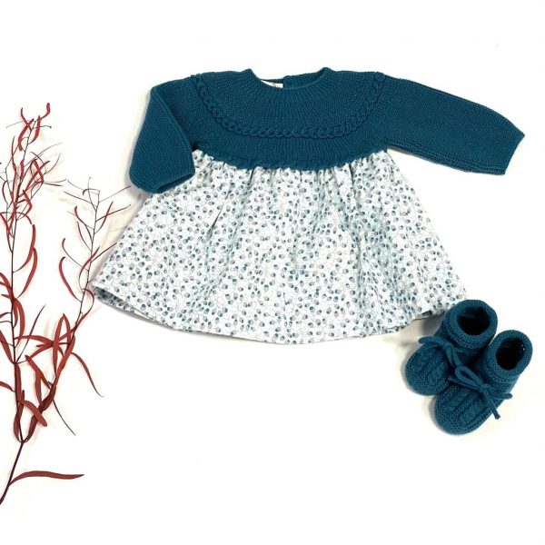 Vestido invierno cuerpo de punto falda hojas azul jade