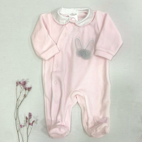 Pelele largo terciopelo rosa, cuello bebé, broche lateral