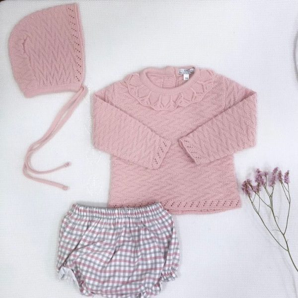 Conjunto tres piezas jersey punto invierno cuello bebé culetín y capota