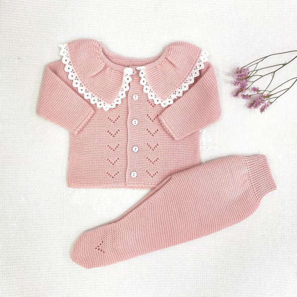 Conjunto 2 piezas jersey cuello encajes, polaina rosa empolvado