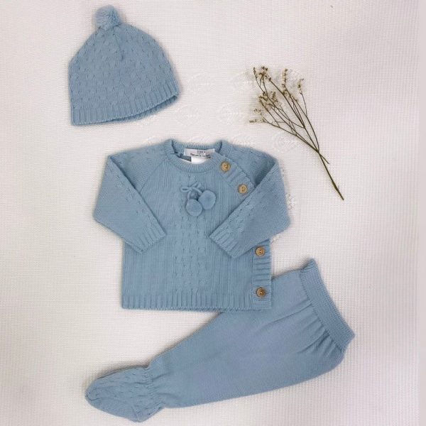 Conjunto tres piezas punto invierno azul nude rosa jersey polaina y gorrito a juego