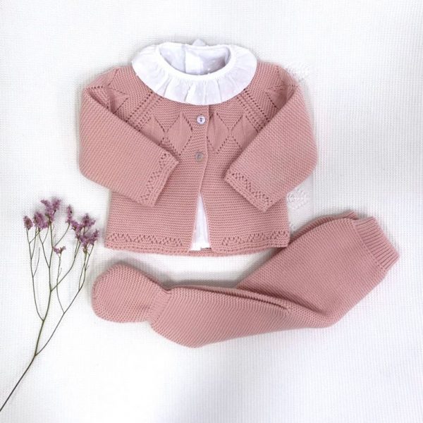 Conjunto tres piezas punto invierno camisa plumeti manga larga rebeca y polaina rosa palo