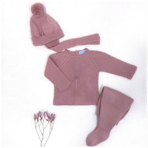 Conjunto tres piezas jersey punto invierno, polaina y gorro a juego orquídea