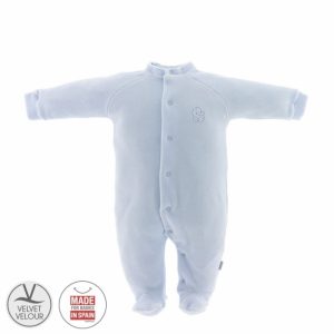 14341 Pelele básico cuello bebe terciopelo con detalle coche pijama Celeste Cambrass